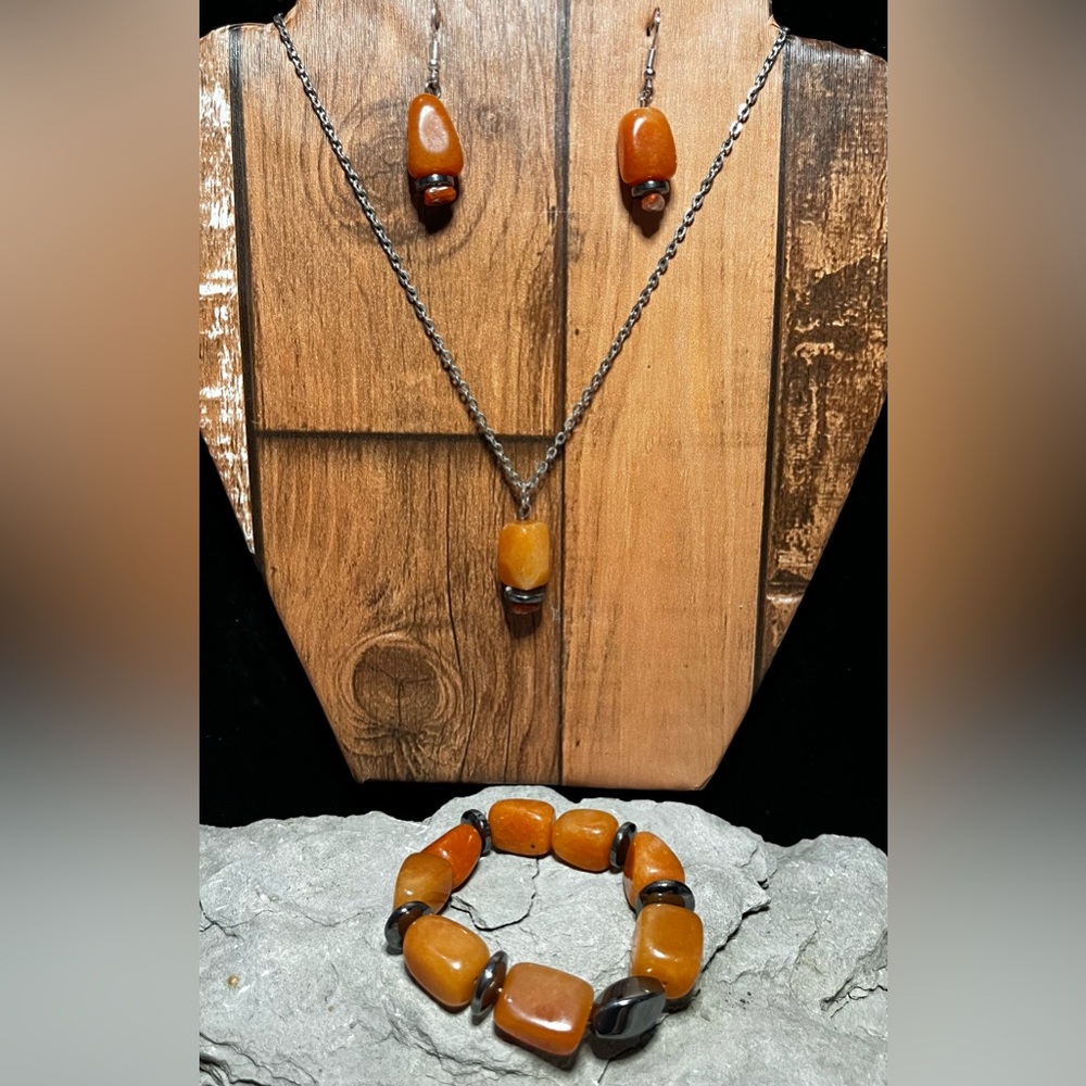 Handcrafted Genuine carnelian and hematite stone jewelry set